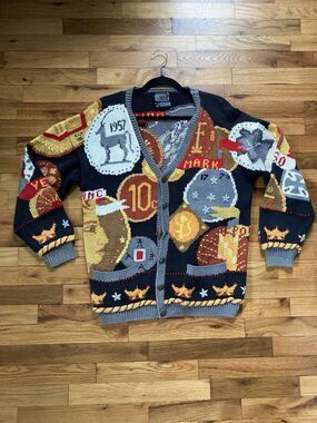 BEREK VTG 1992 Hand Knit Coins Money World Sweater By Marta D- Size Large